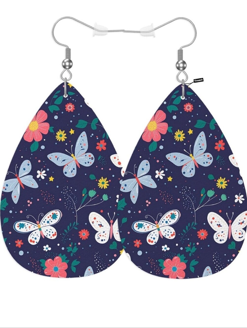 Butterfly Floral Teardrop Earrings - Navy Blue
